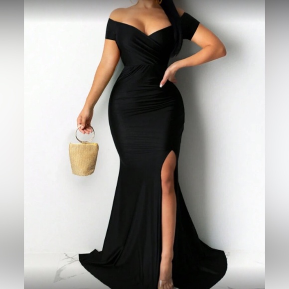 Luxe off shoulder slit thigh party formal dress